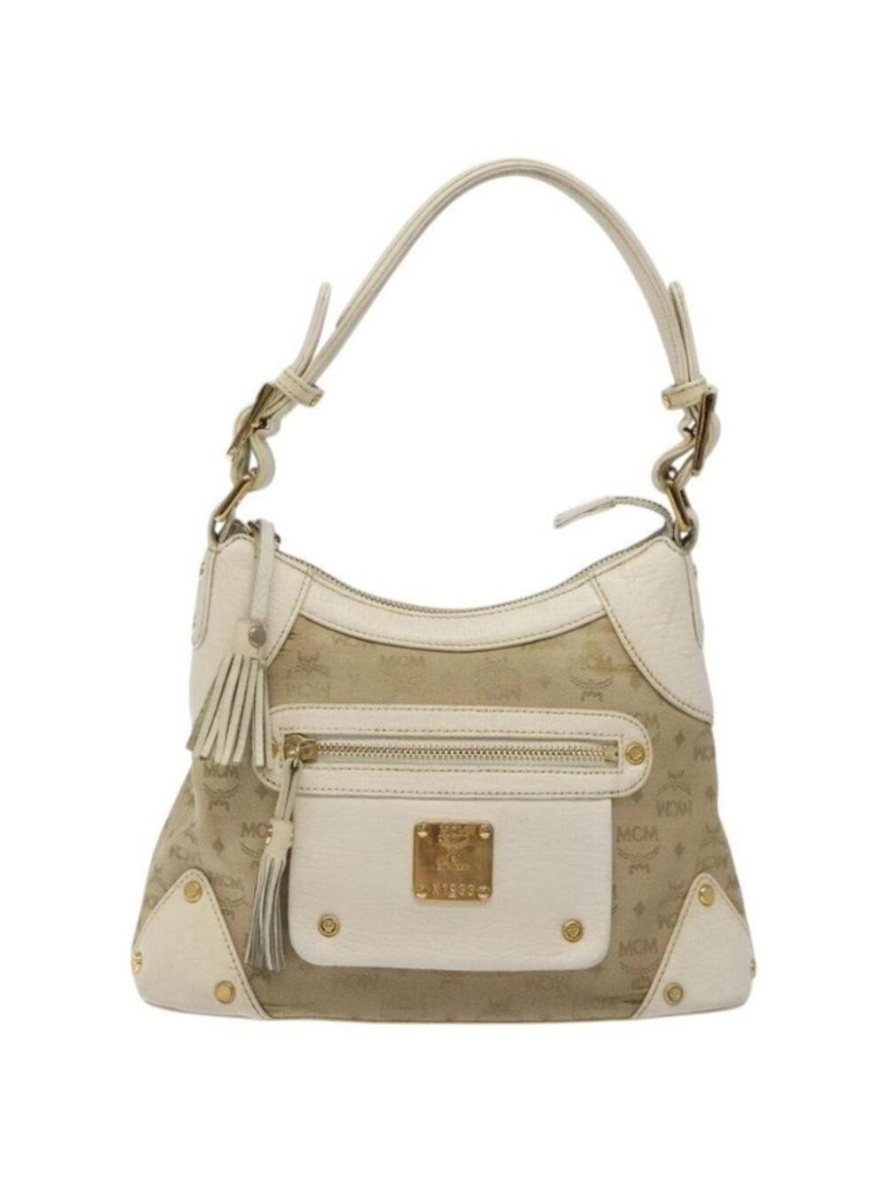Authentic MCM Vicetos Logogram Shoulder Bag Canvas Beige Gold - Picture 9 of 16